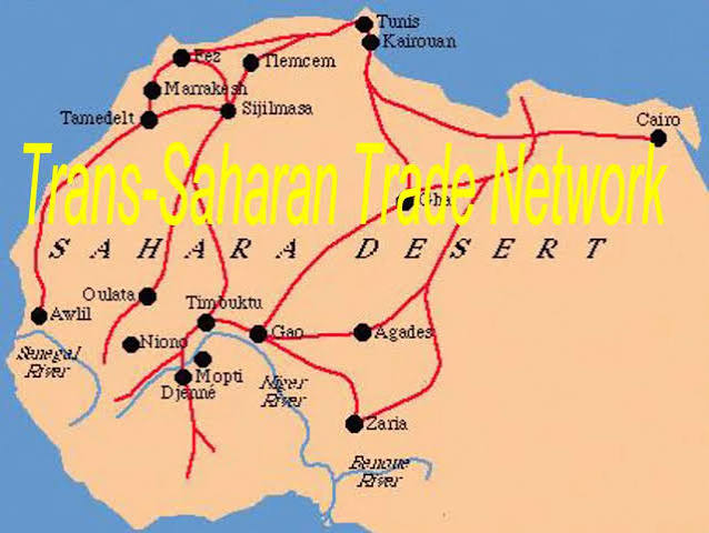 Map of medieval trans-Saharan trade routes — showing the caravan paths that connected Morocco to Timbuktu, Gao and the West African Sahel
